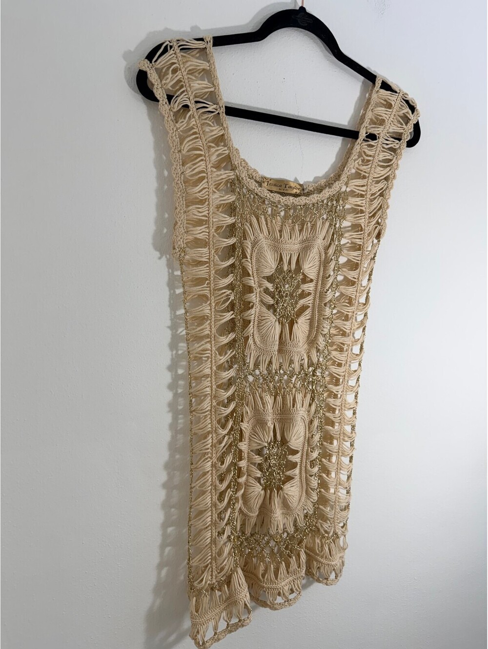 Jessica Taylor NYC One Size Beige Gold Crochet Tunic Vest Swim Cover Up - Picture 3 of 8